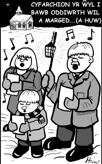 Cartwn Cyfarchion yr Ŵyl a chriw yn canu carolau
